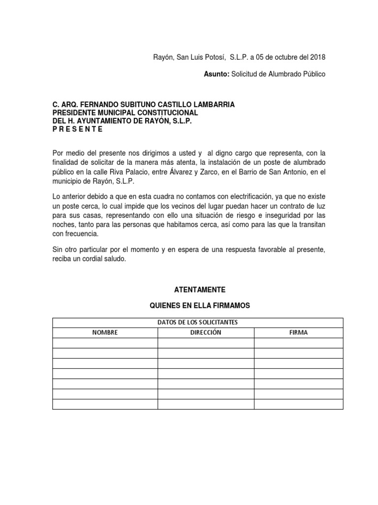 Solicitud De Alumbrado Gobierno Politica
