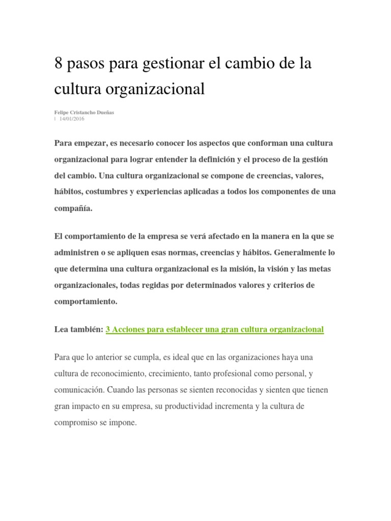 8 Pasos para Gestionar El Cambio de La Cultura Organizacional | PDF ...