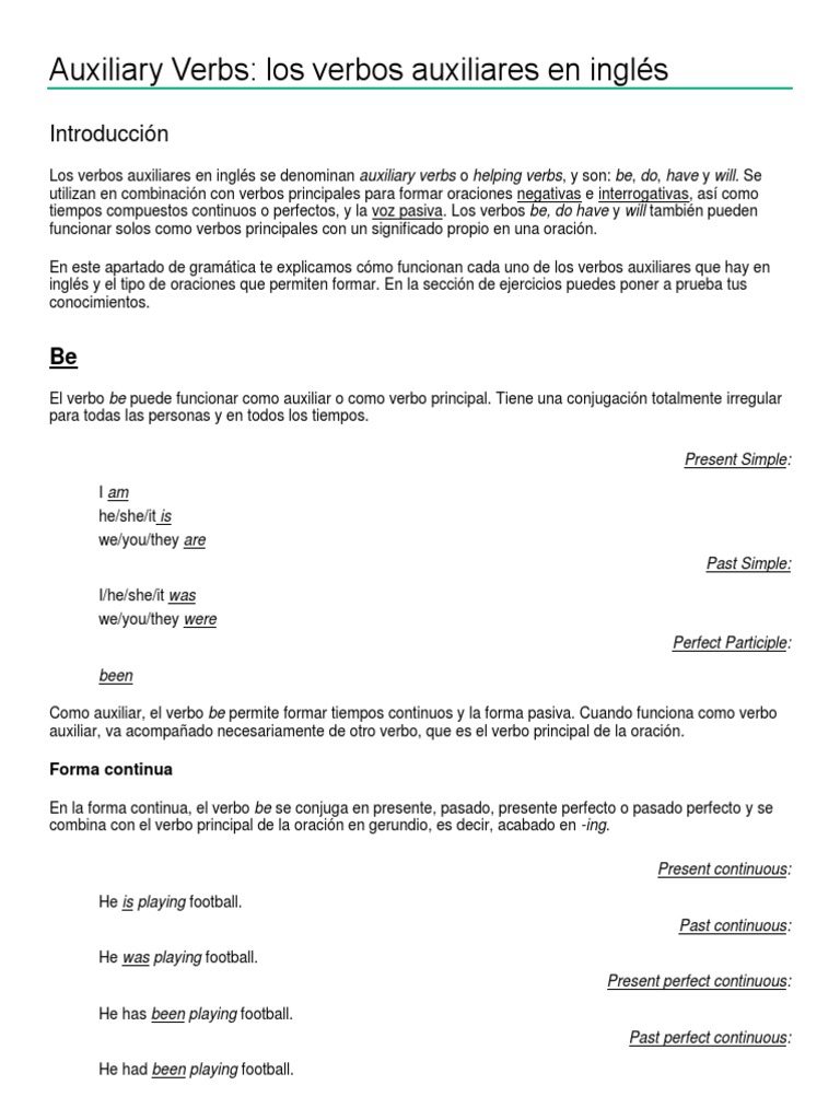 Verbos Auxiliares en Inglés: Guía y Ejercicios | PDF | Verbo | Oración ...