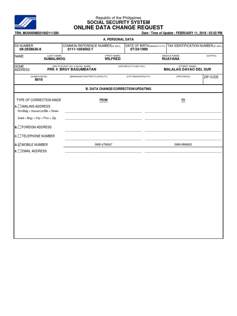Online Data Change Request: Social Security System | PDF ...