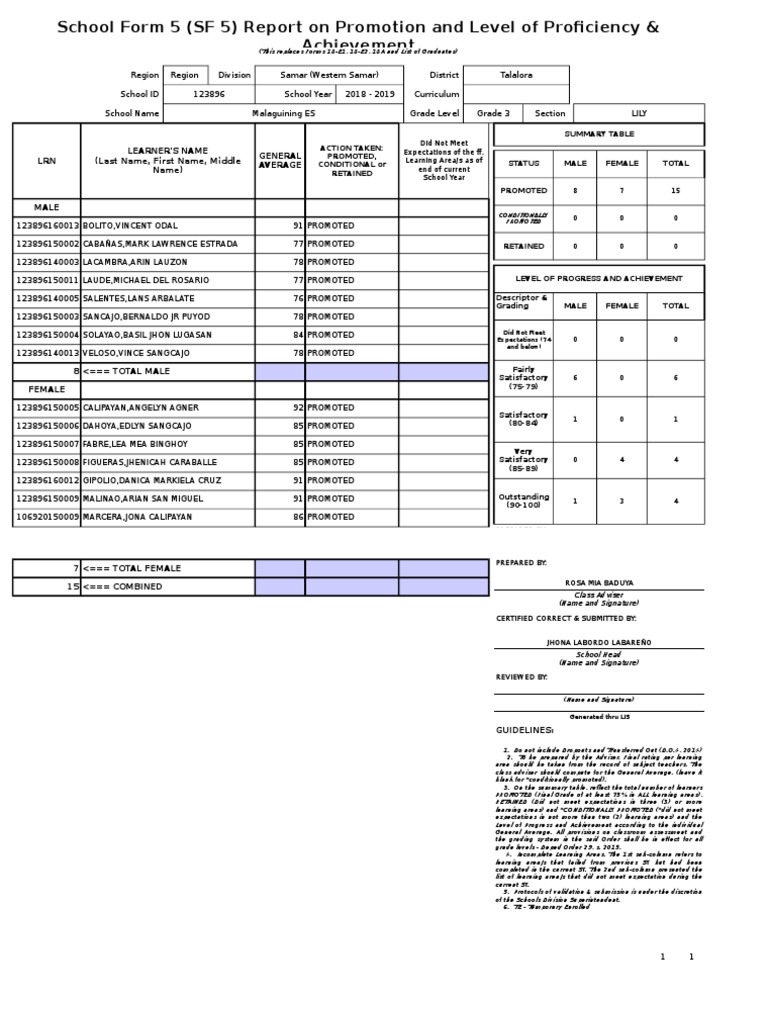 School Form 5 (SF 5) Report On Promotion and Level of Proficiency ...