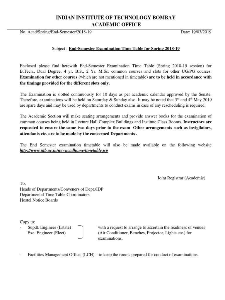 IIT Bombay Spring 2018-19 Exam Timetable | PDF | Academic Term ...
