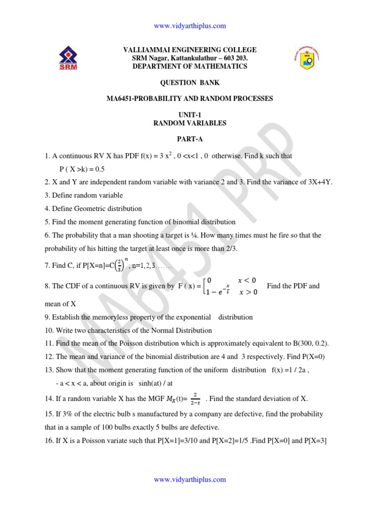 Ma6451 Probability And Random Processes Qb Markov Chain Stationary Process