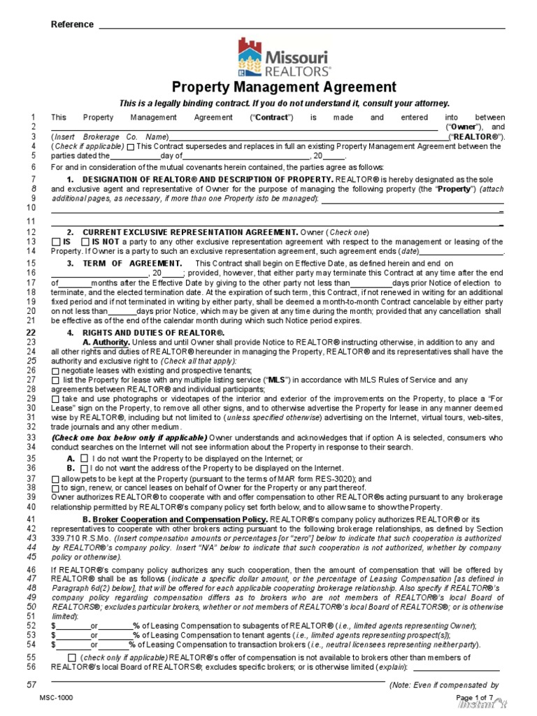 Missouri Property Management Agreement PDF PDF Real Estate Broker Lease