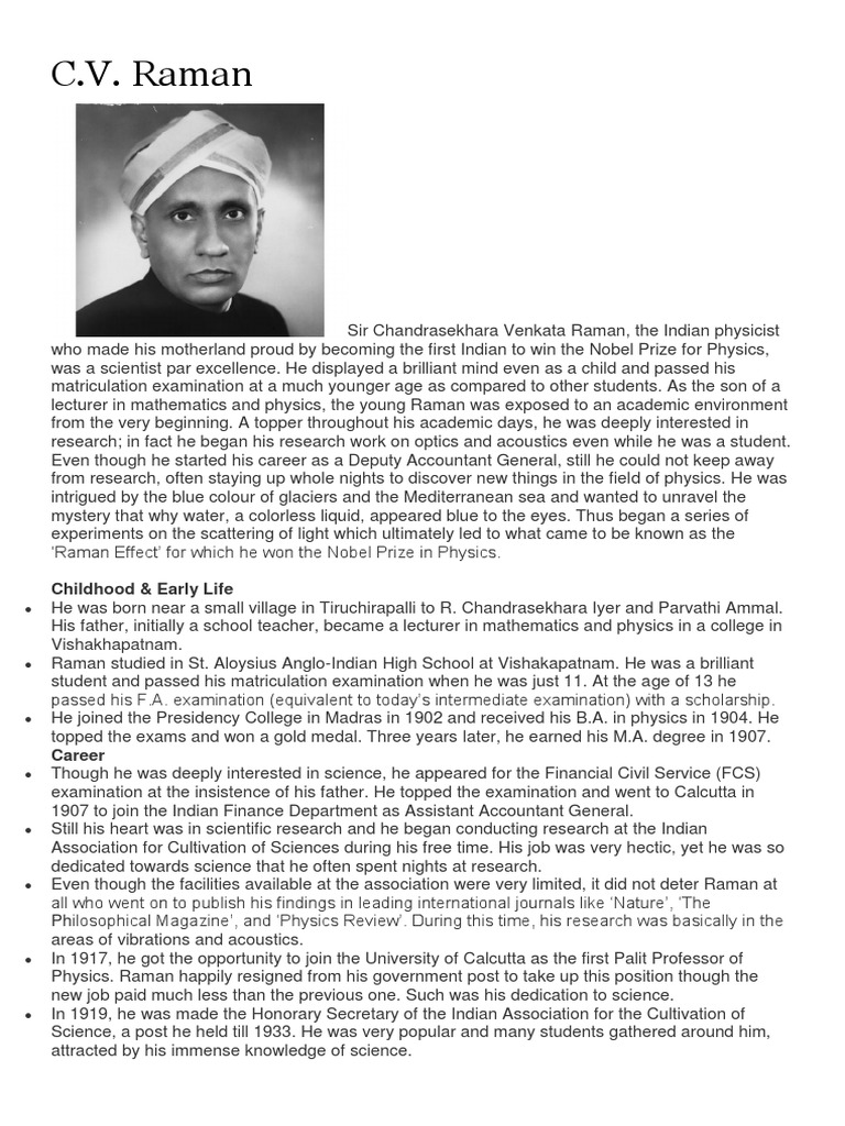 C.V. Raman: Childhood & Early Life | PDF | Science | Physics