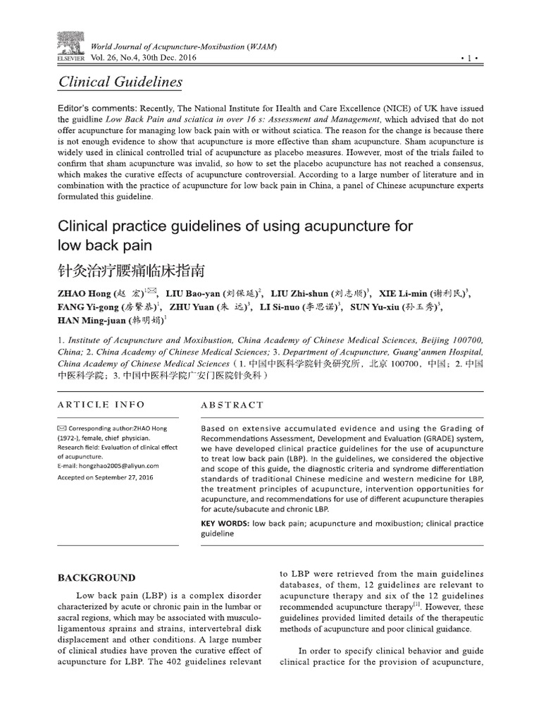 Clinical Practice Guidelines of Using Acupuncture For Low Back Pain PDF ...