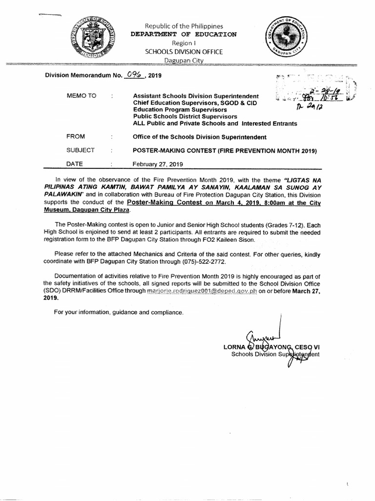 Division Memo No 096 S 2019 Poster Making Contest Fire Prevention Month