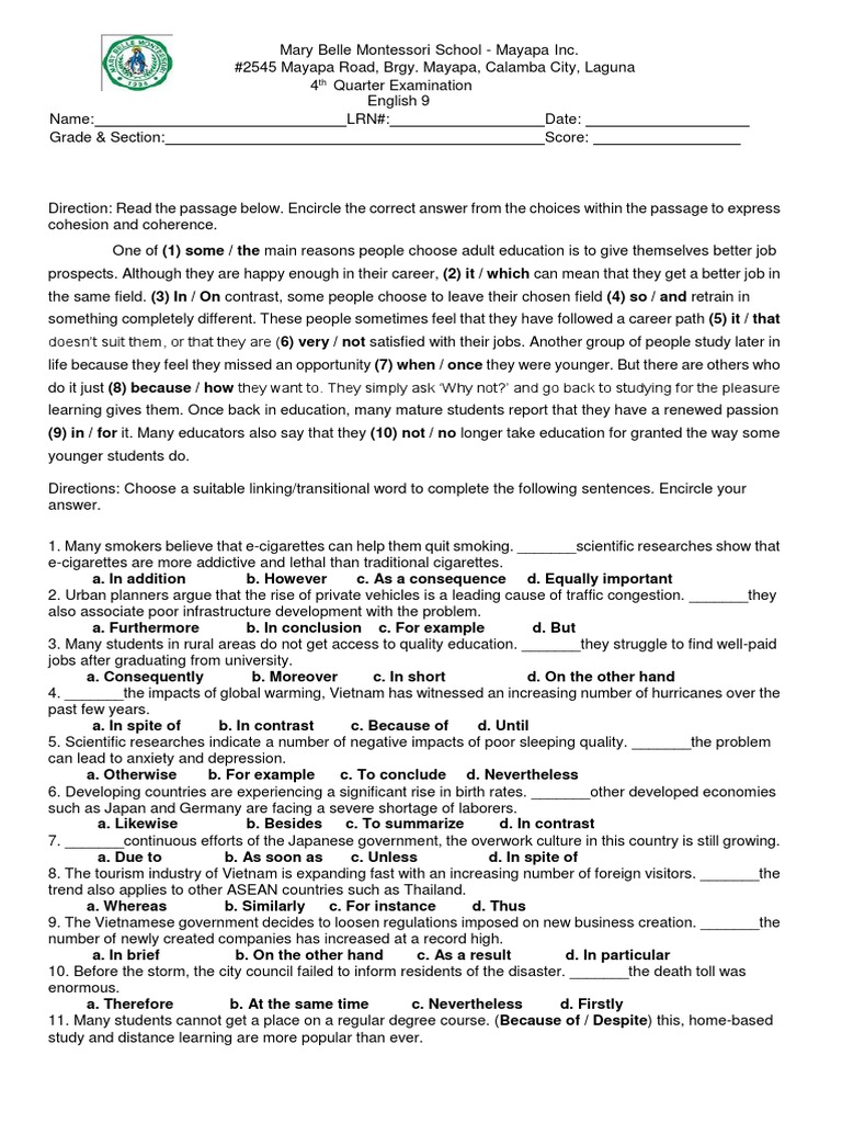 QT4 - English 9 | PDF | Communication | Psychological Concepts