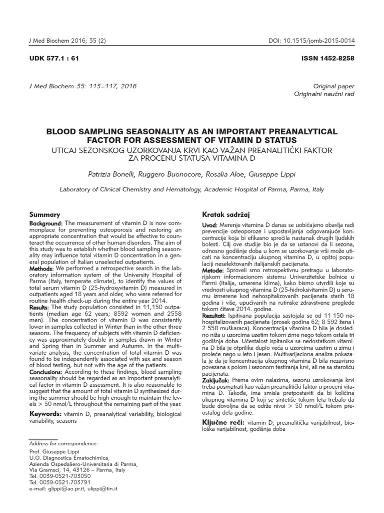 (14528266 Journal of Medical Biochemistry) Blood Sampling Seasonality As An Important