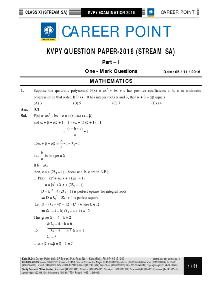 KVPY ClassXI SA 06112016Paper PDF Sodium Bicarbonate