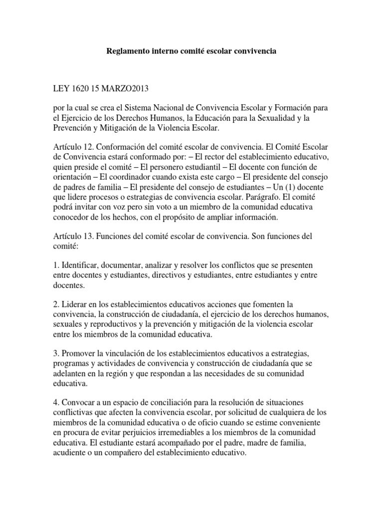 Reglamento del Comité de Convivencia Escolar | PDF | Caso de ley ...
