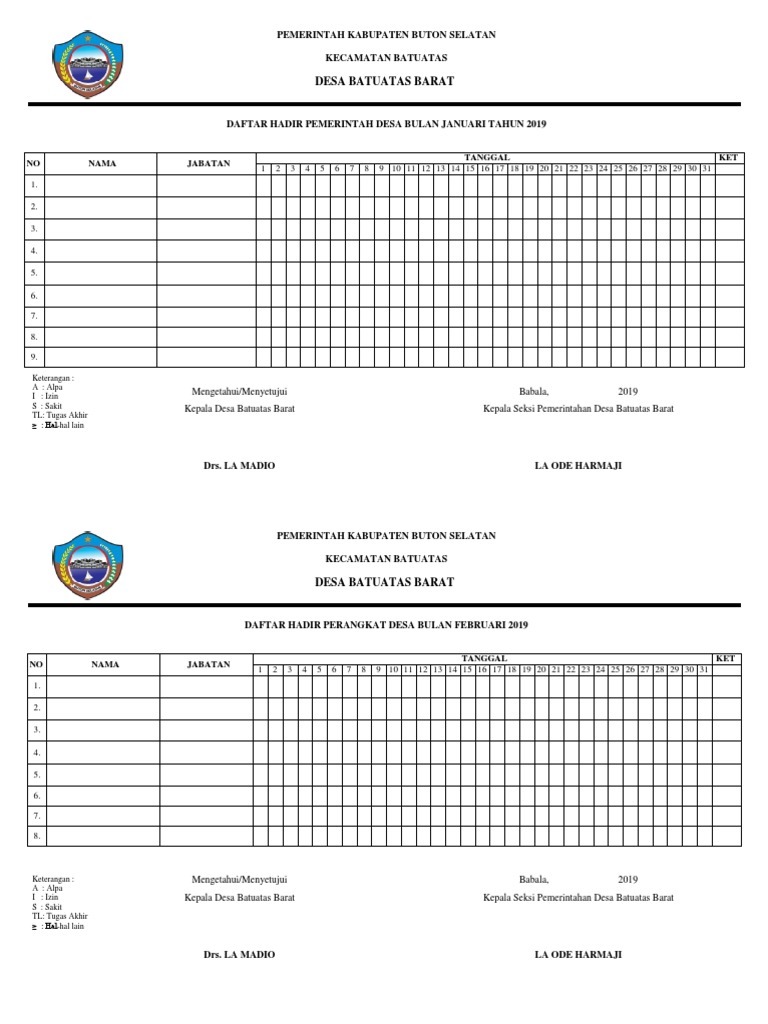 Daftar Hadir (Absensi) Kepala Desa Dan Perangkat Desa