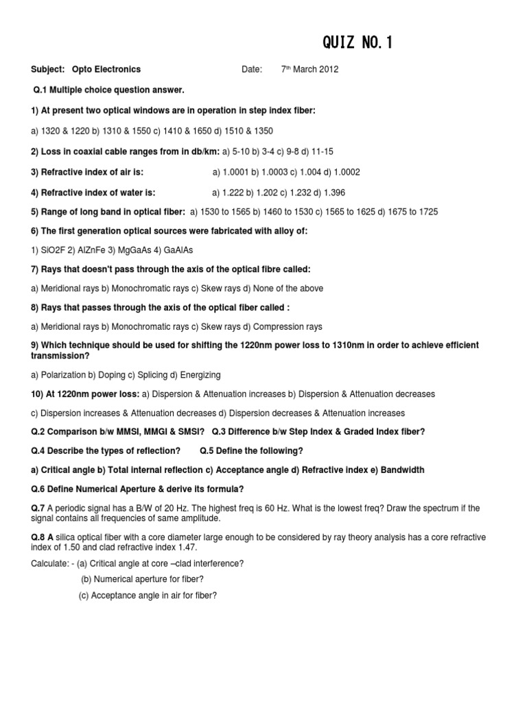 Quiz | PDF | Optical Fiber | Dispersion (Optics)