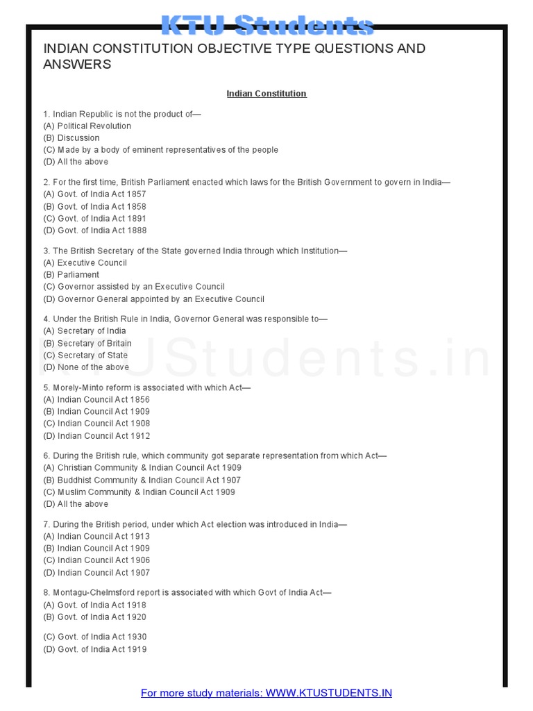 Indian Constitution Question With Answers Ktustudents - in | PDF ...