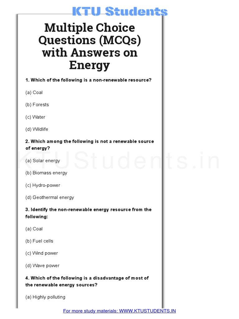 Multiple Choice Questions On Energy Ktustudents In Pdf Fuels Renewable Energy