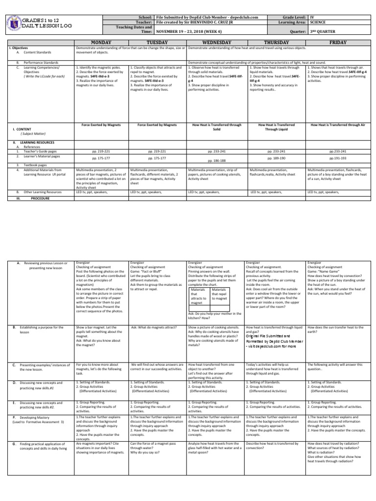 Grade 4 Science Lesson Plan | PDF | Magnet | Heat