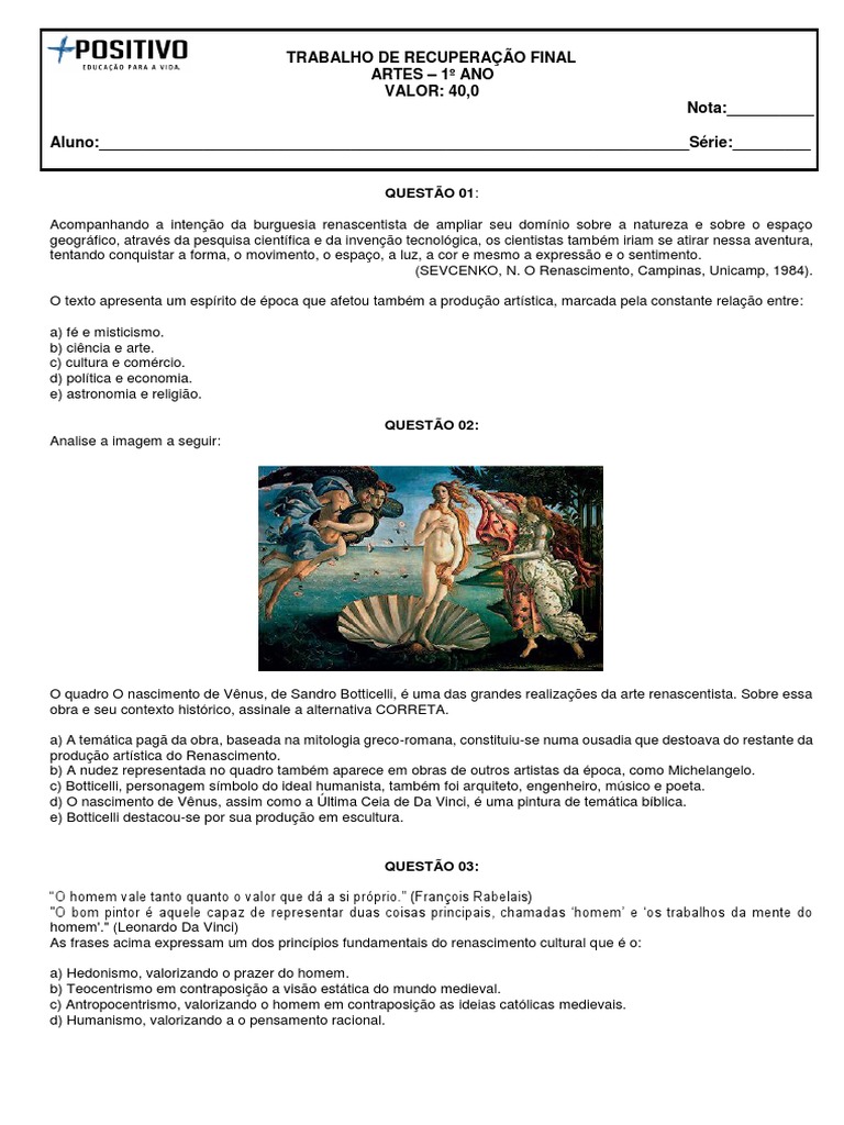 Recuperação final de Artes do 1o ano: questões sobre o Renascimento e o ...