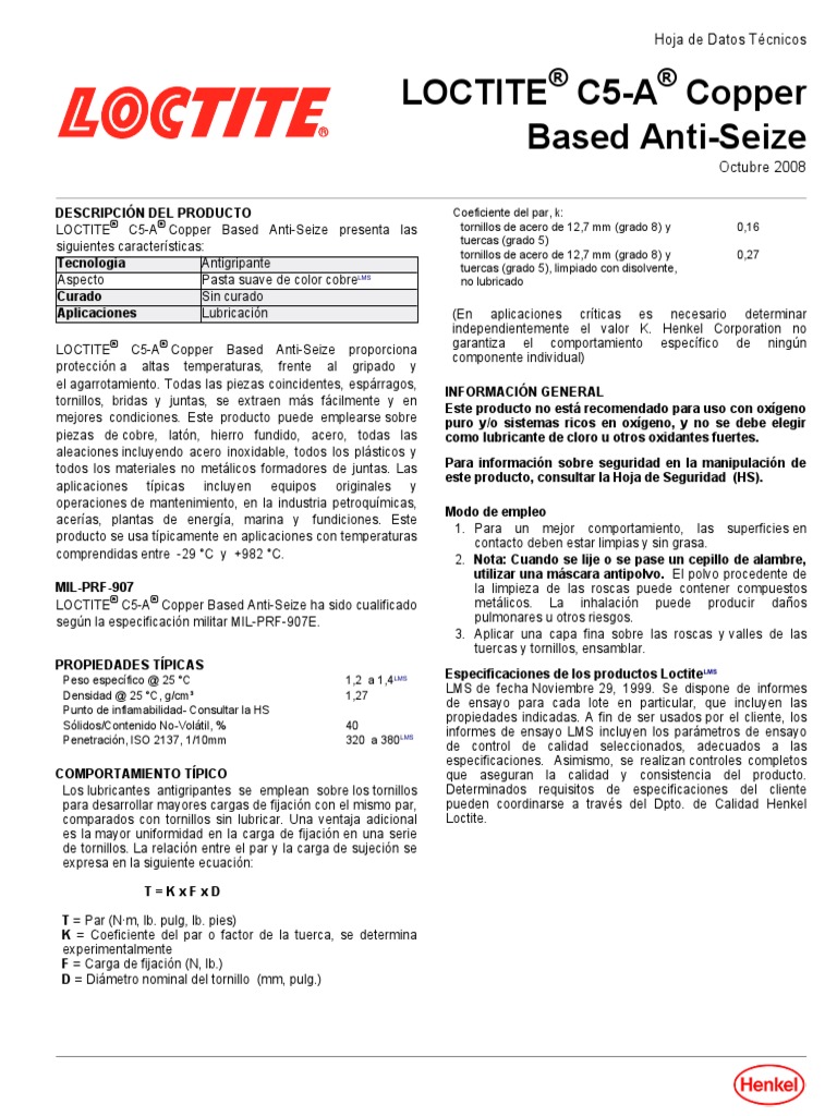 Loctite C5A Copper Based AntiSeize Hoja de Datos Técnicos PDF
