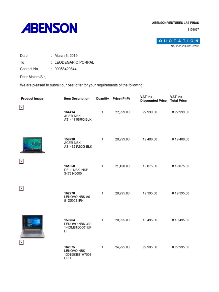 Laptop Quotation from Abenson Las Pinas | PDF | Value Added Tax ...