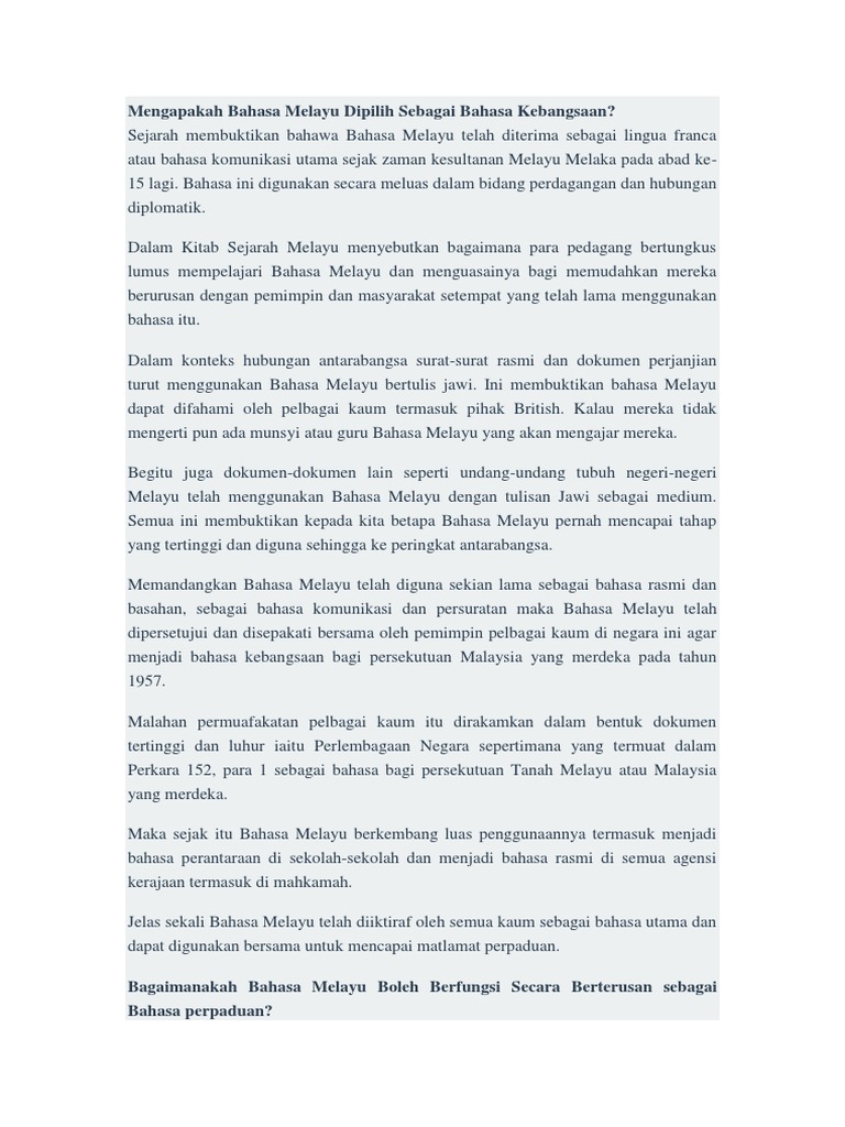 Mengapakah Bahasa Melayu Dipilih Sebagai Bahasa Kebangsaan