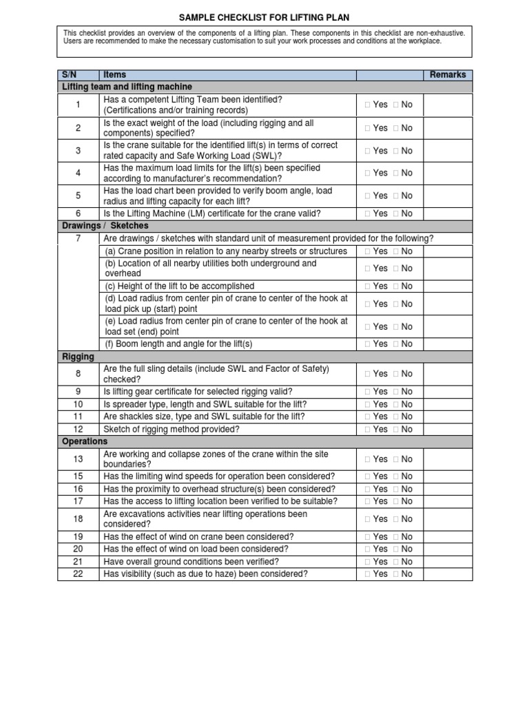 Lifting Plan Checklist for Safety | PDF | Crane (Machine)