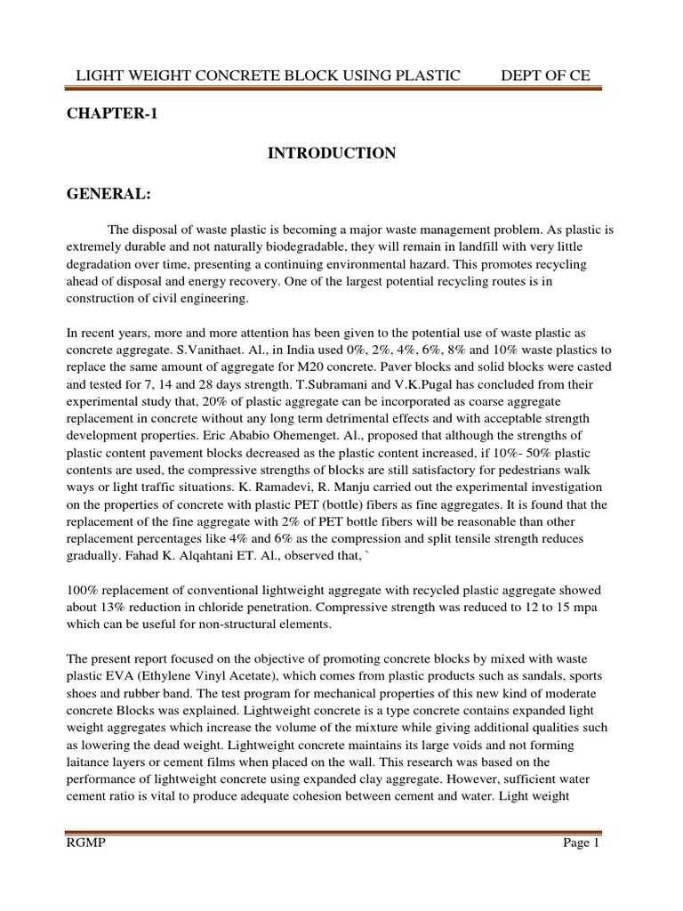 Chapter-1 General:: Light Weight Concrete Block Using Plastic Dept of ...