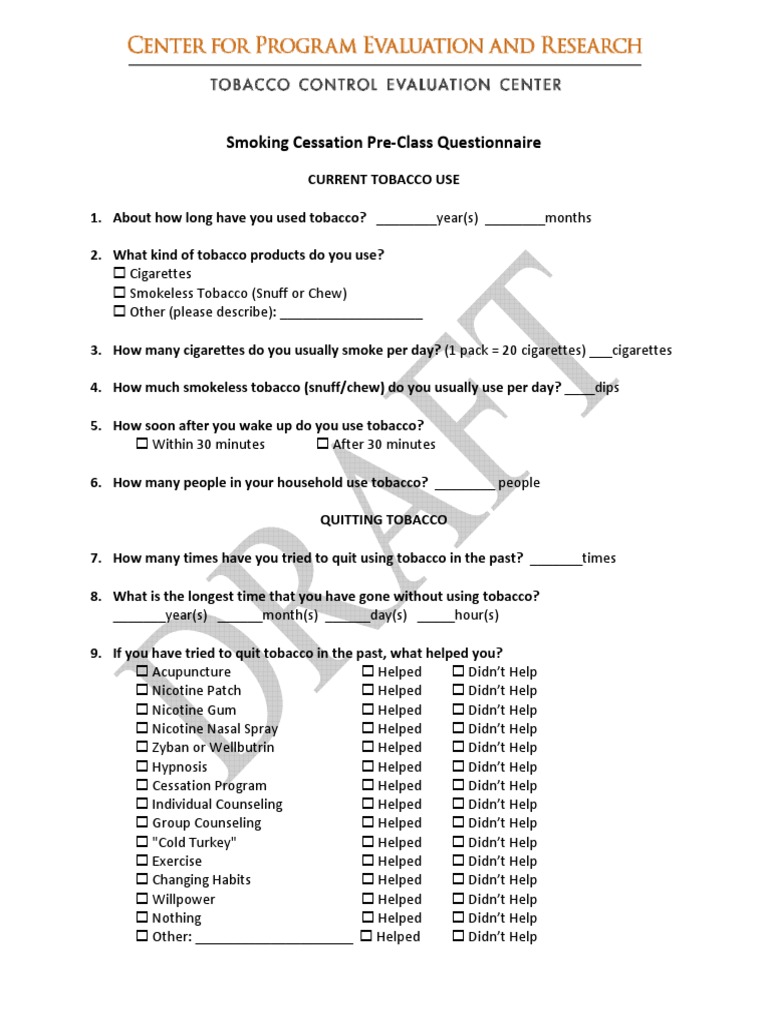 10 Draft Tobacco Cessation Questionnaire PDF Tobacco Smoking