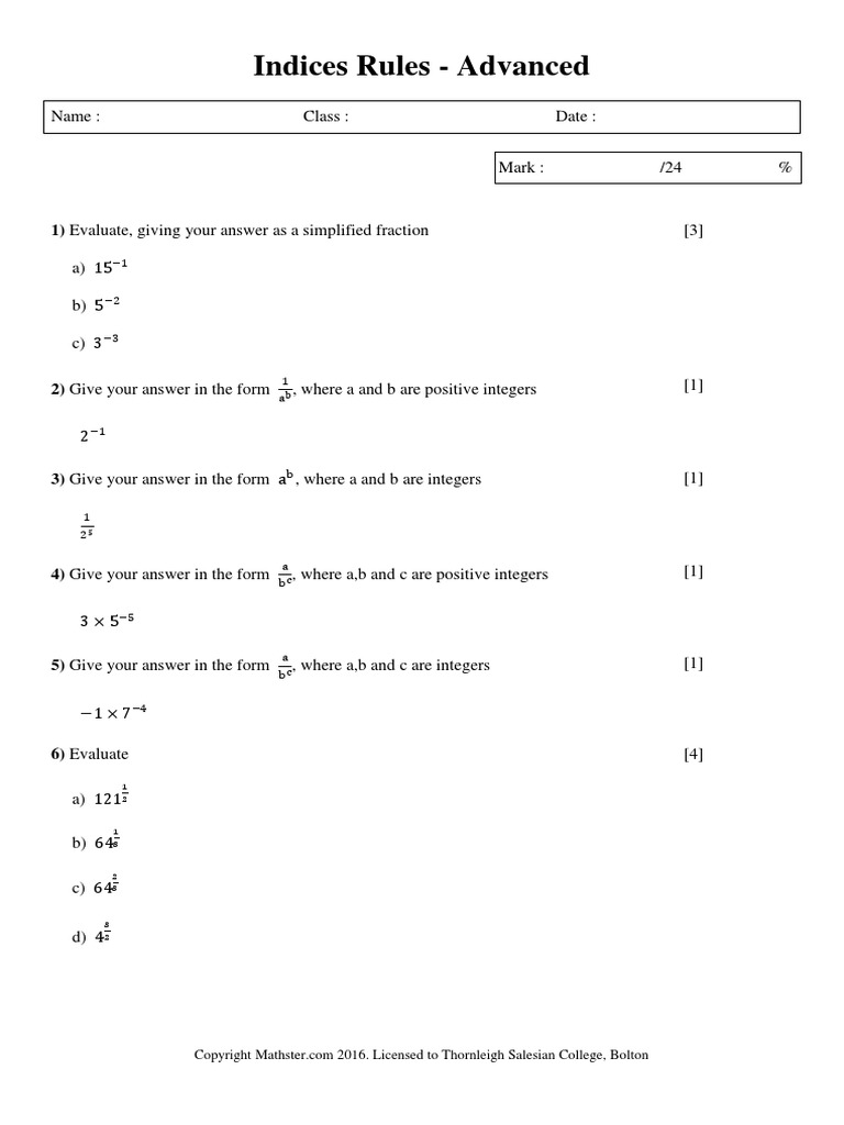 Indices Rules - Advanced - 3 | PDF | Fraction (Mathematics ...