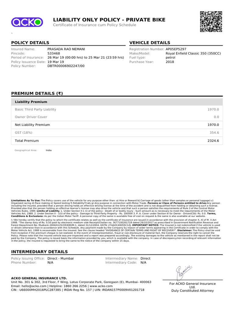 Ackopolicy Dbtr00006902247 00 Vehicles Insurance