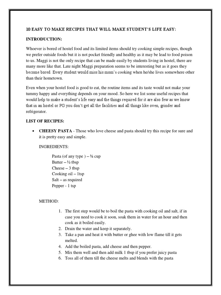 10 Easy To Make Recipes That Will Make Student | PDF | Curry | Pasta
