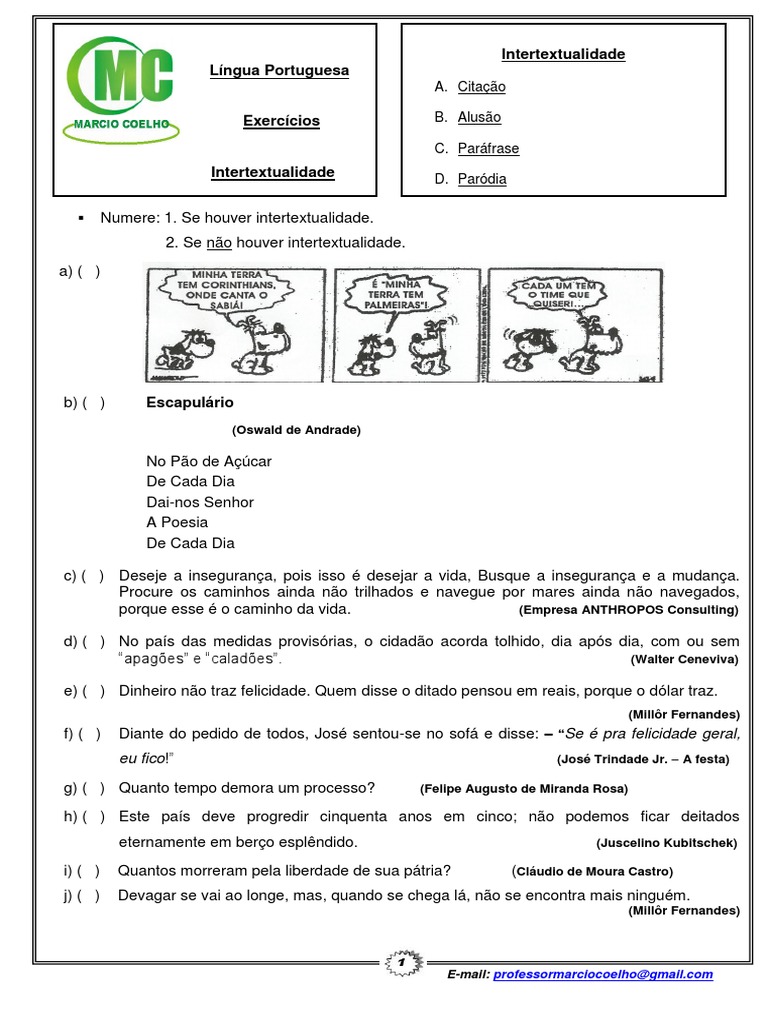 Exercícios de Intertextualidade para 6º Ano | PDF