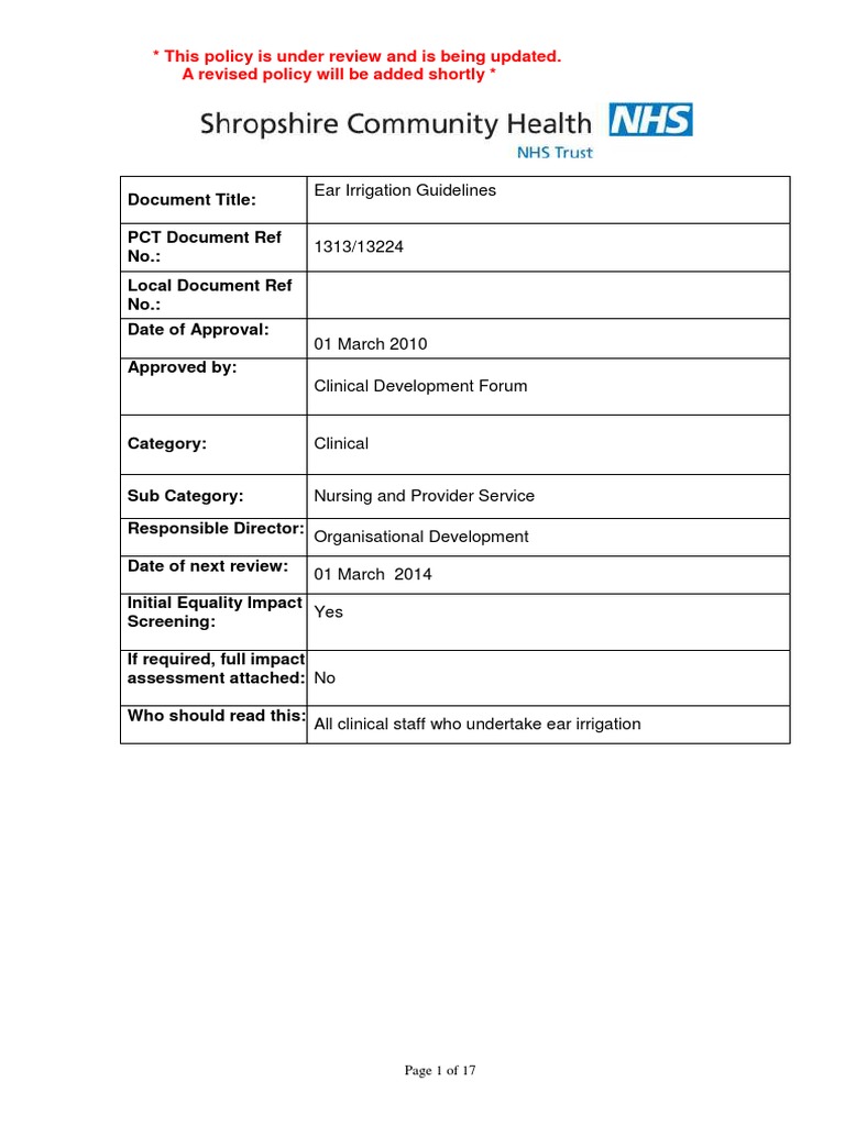 Ear Irrigation Guidelines Overview | PDF | Ear | Physical Examination