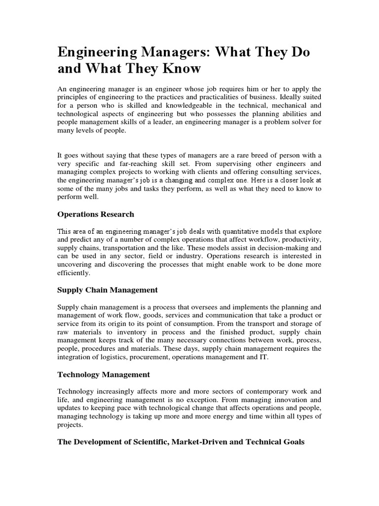 Roles and Skills of Engineering Managers | PDF | Engineering ...