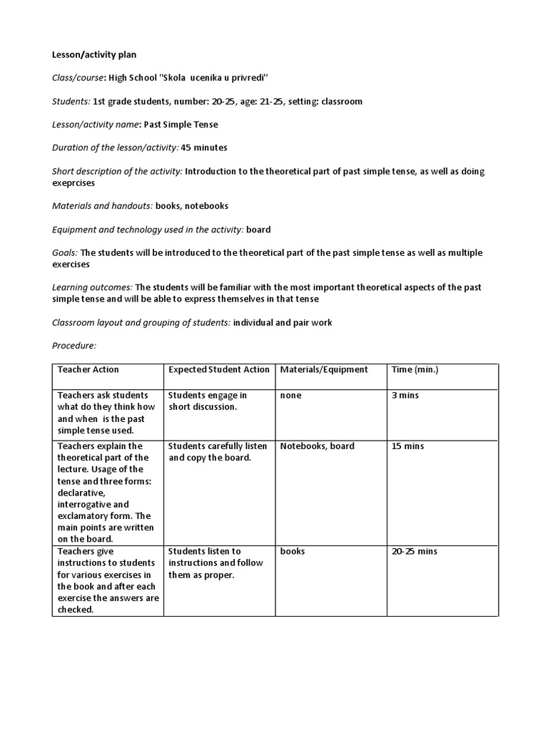 Past Simple Tense Lesson Plan | PDF