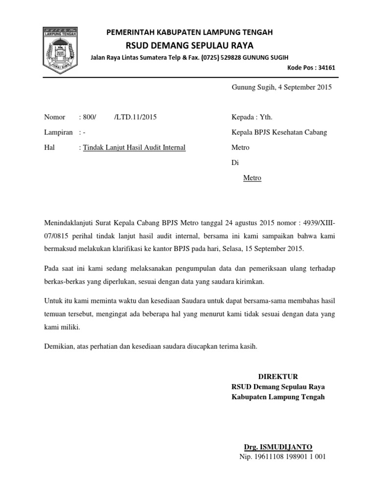 Surat Balasan Bpjs Audit Internal