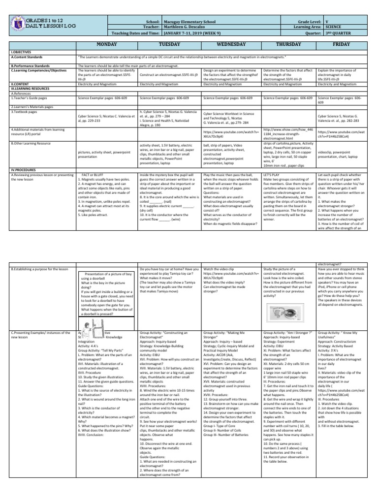 Electromagnet Lesson Plan for Grade 5 | PDF | Magnet | Electricity