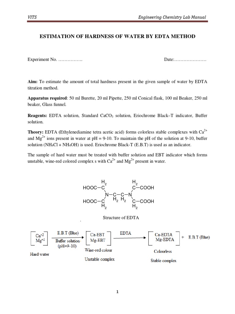 Estimation of Hardness of Water by Edta Method: Vits Engineering