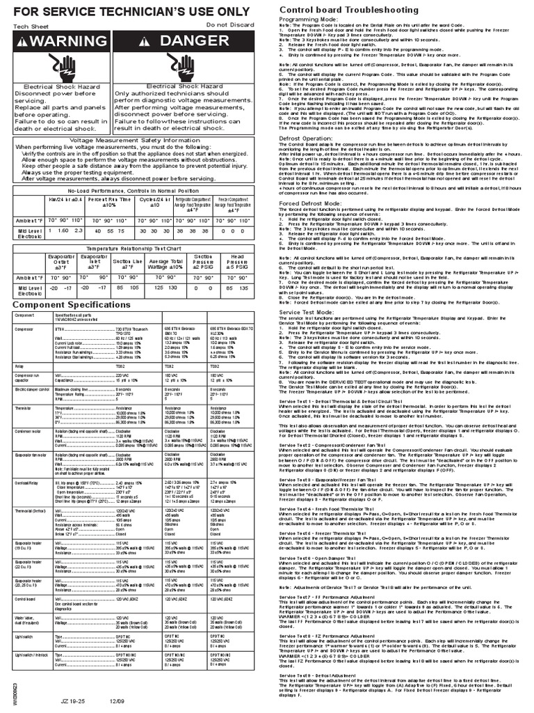 Whirlpool Refrigerator GB2FHDXWS03 Tech Sheet W10308623 Refrigerator