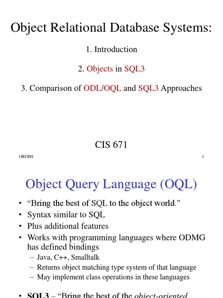 Object Relational Database Systems:: 2. in 3. Comparison of and ...