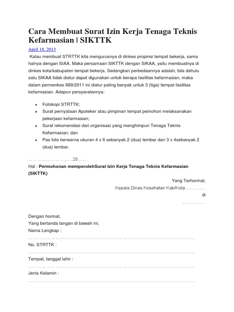 Cara Membuat Surat Izin Kerja Tenaga Teknis Kefarmasian Docx