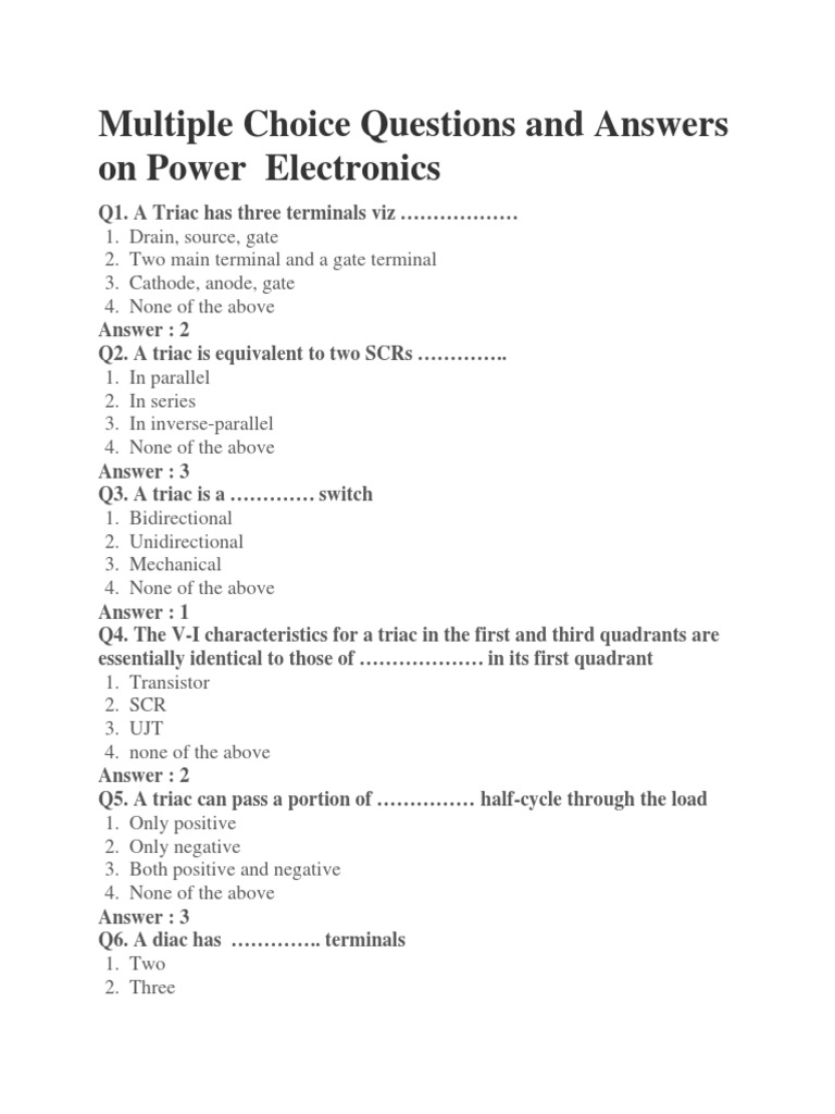 Multiple Choice Questions and Answers On Power Electronics PDF