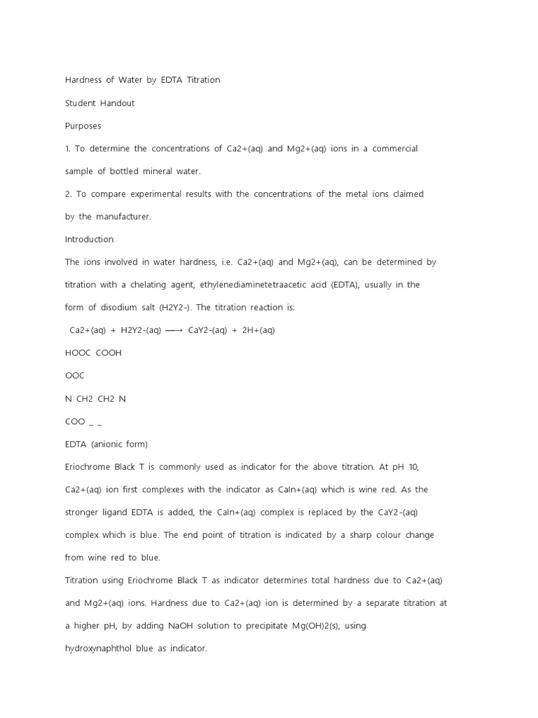 Water Hardness By Edta Titration Pdf Ethylenediaminetetraacetic
