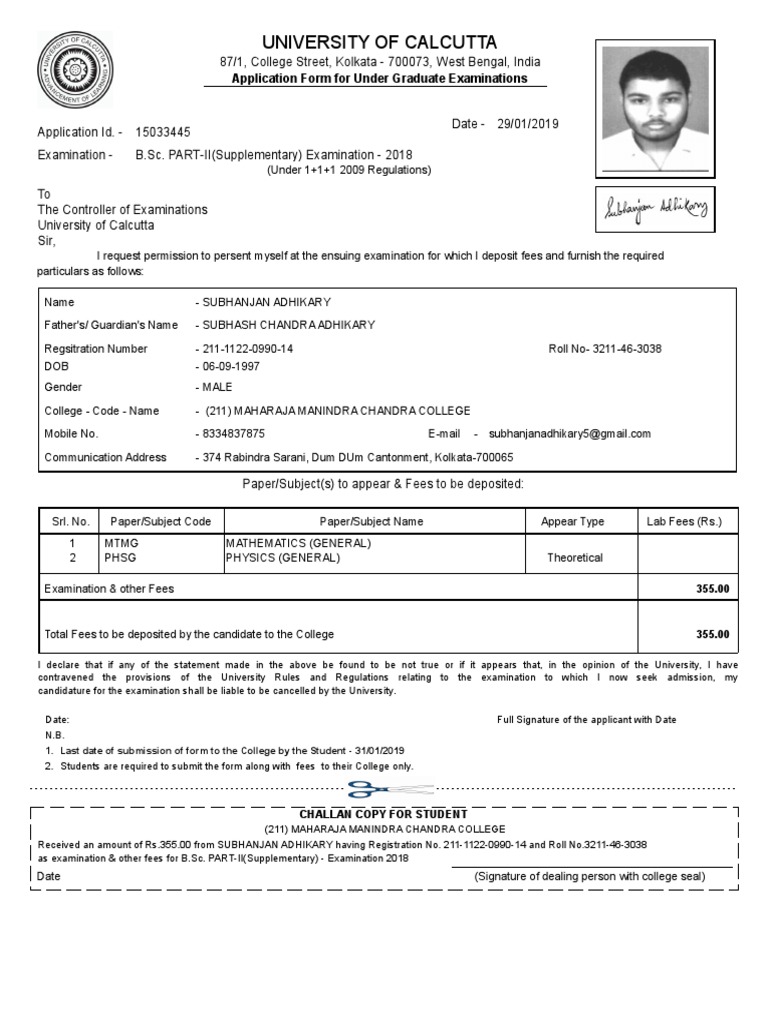 University of Calcutta: Application Form For Under Graduate ...