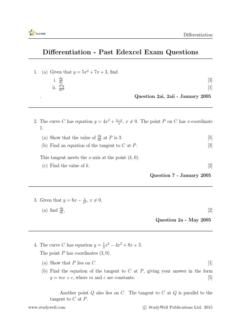 Differentiation Exam Questions Tangent Equations
