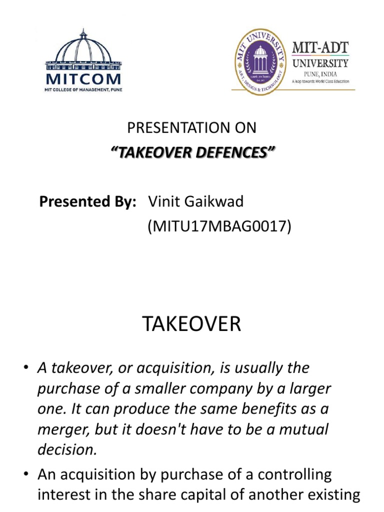 Presentation On: "Takeover Defences" | PDF | Takeover | Corporate Law