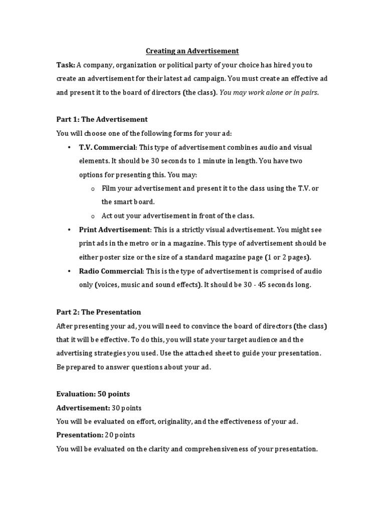 School Advertisement Project Guide | PDF | Advertising | Writing