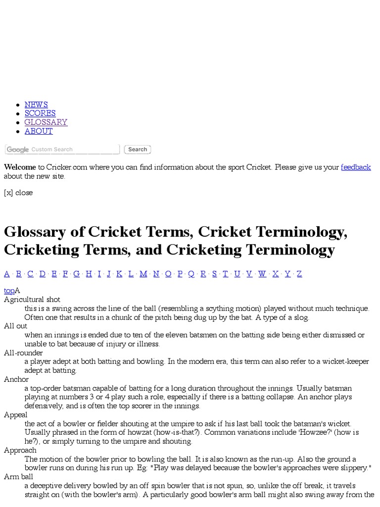Glossary of Terms PDF Bowling (Cricket) Cricket