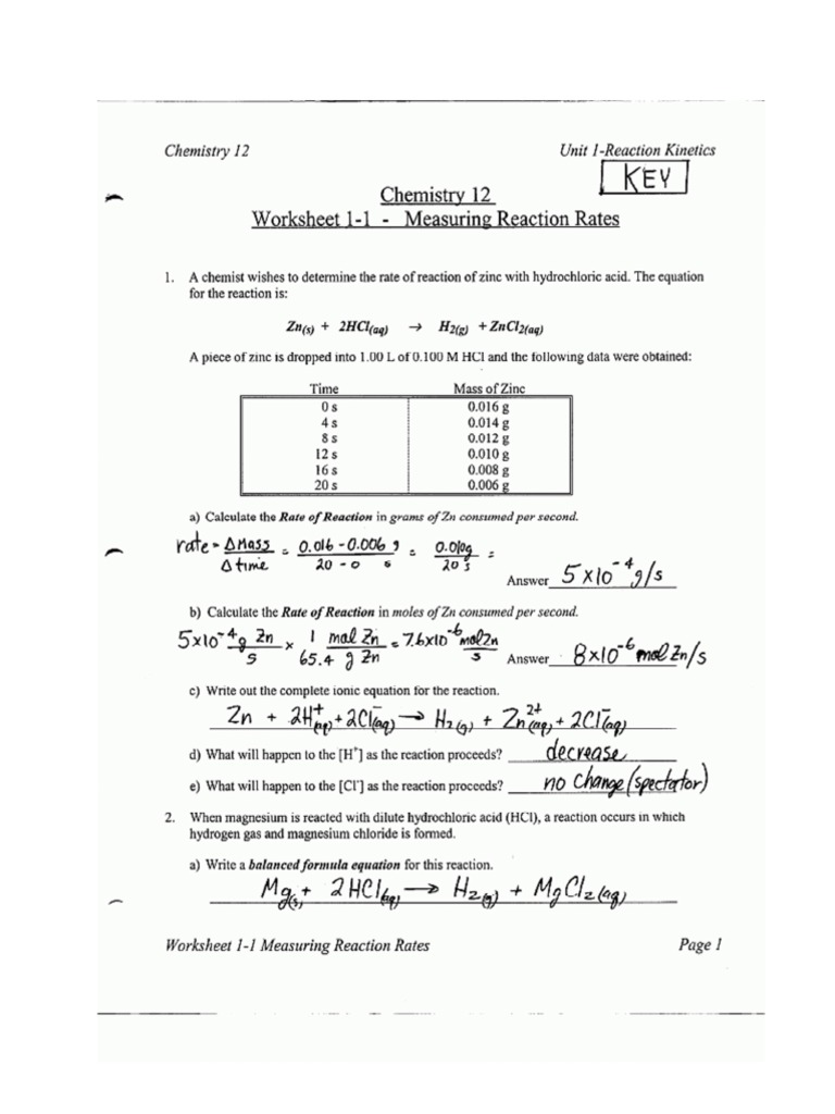 Worksheet 1 1 Measuring Rxn Rates Key