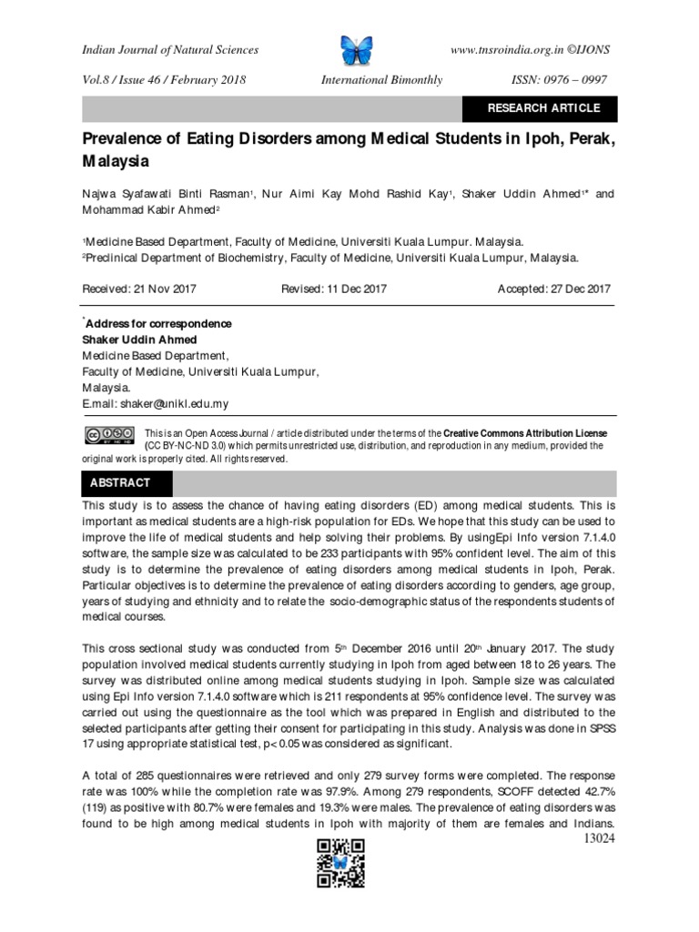 Prevalence of Eating Disorders Among Medical Students in Ipoh, Perak ...