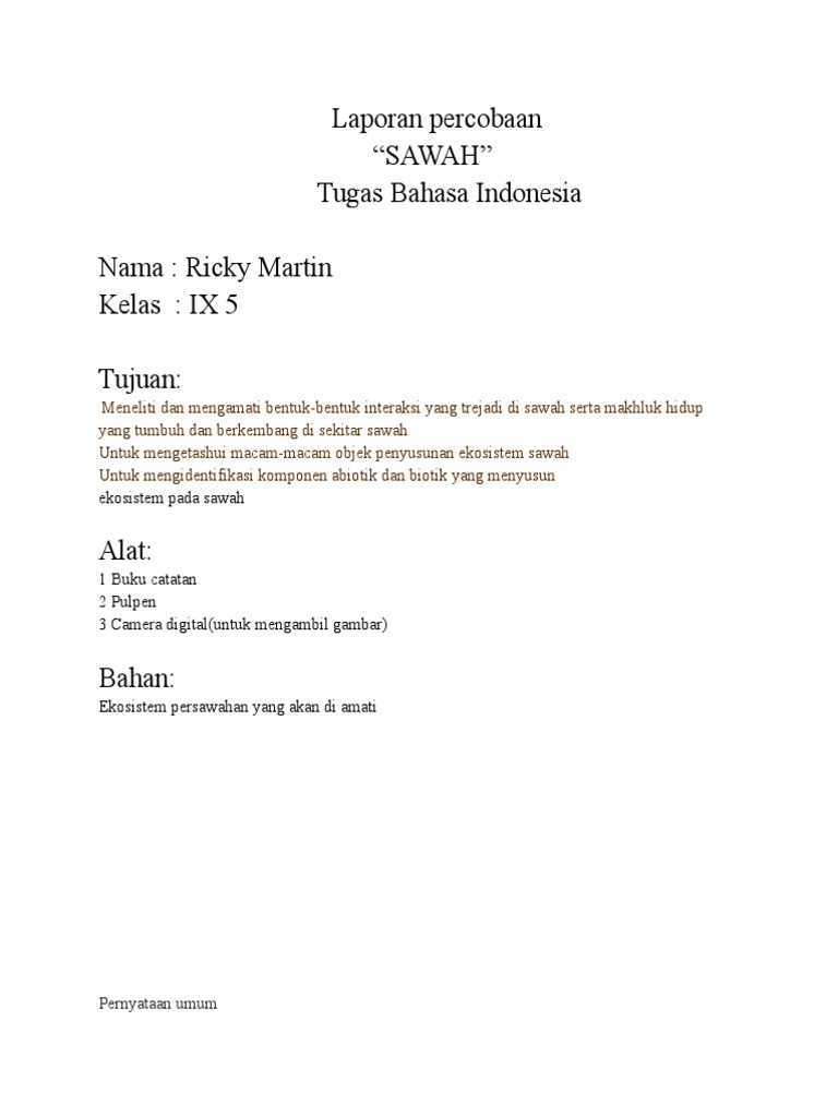 Laporan Percobaan Sawah Tugas Bahasa Indonesia Nama Ricky Martin Kelas Ix 5 Tujuan